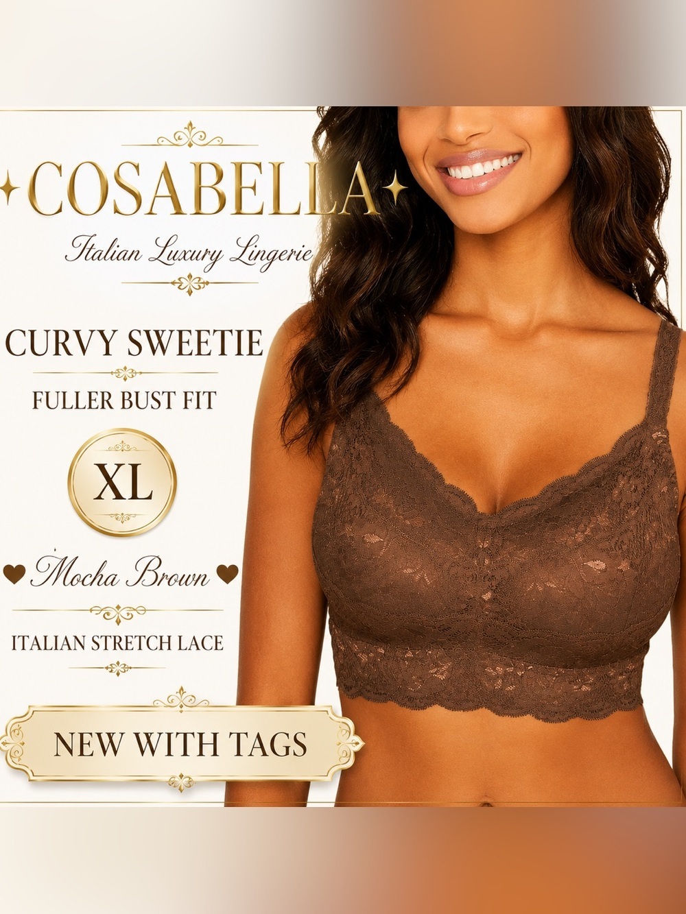 Cosabella Never Say Never Curvy Sweetie Bralette Brown XL NWT Lace Bra